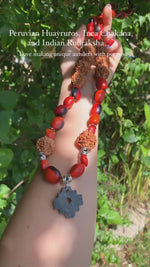 Load and play video in Gallery viewer, Large Peruvian Huayruro Seeds, Inca Chakana &amp; Indian Rudraksha Seeds Necklace
