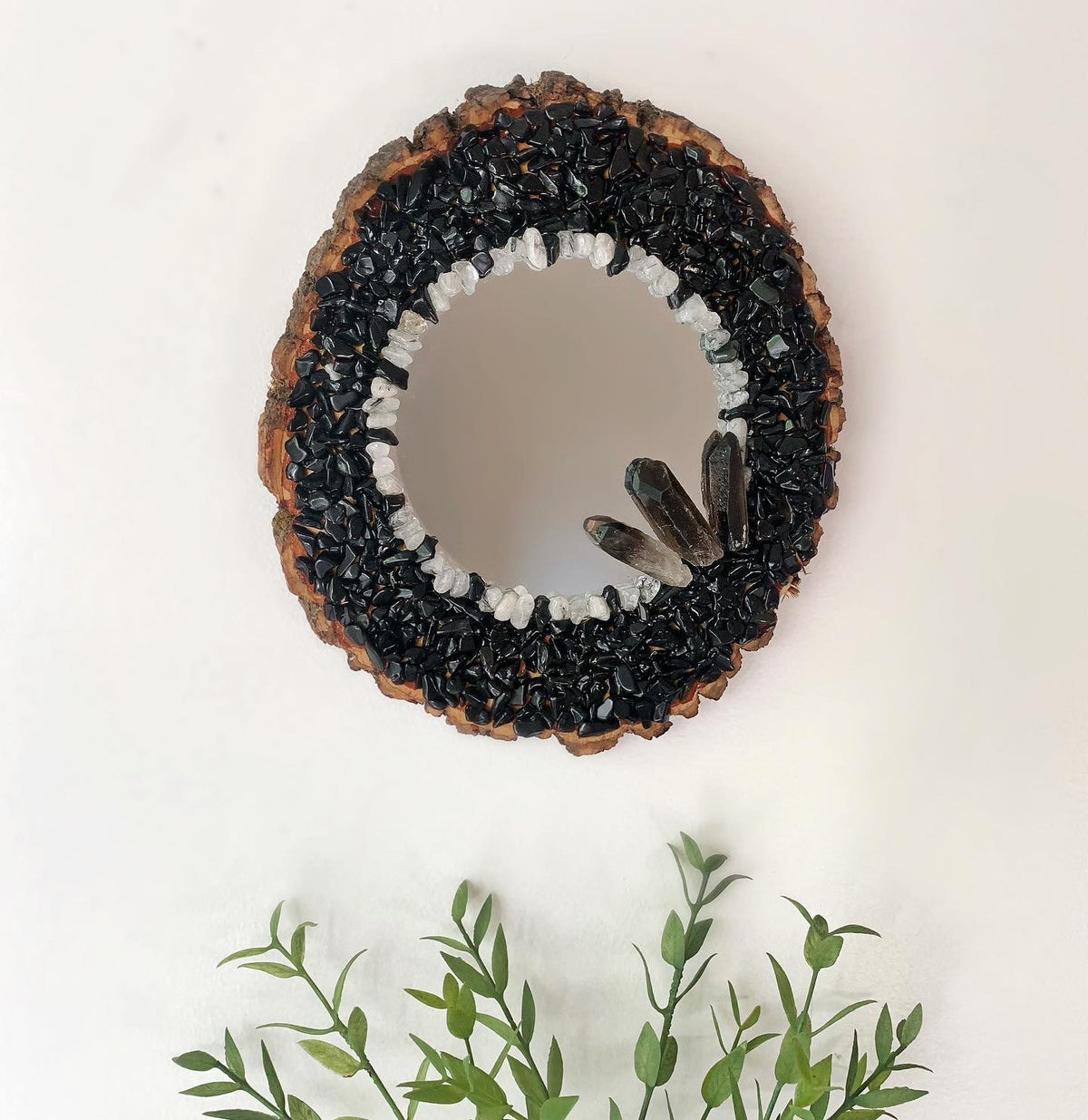 Round Obsidian & Smoky Quartz Mirror