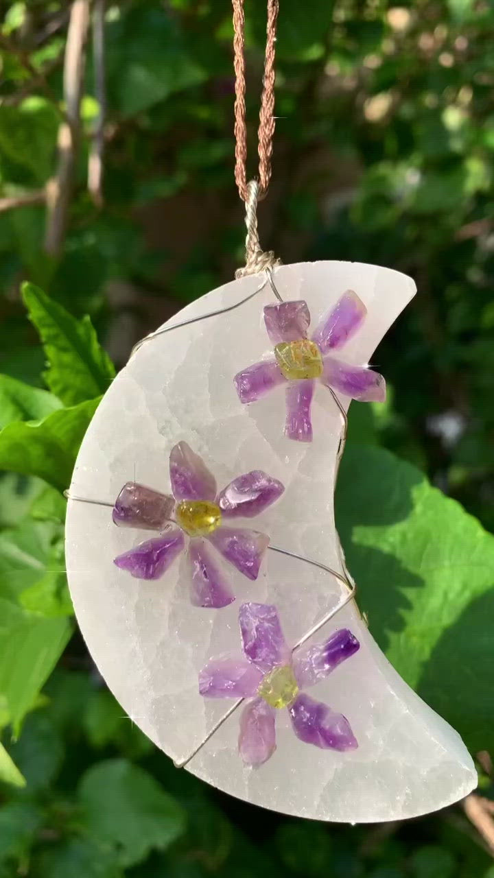 Amethyst Flower - Selenite Moon Car Hanger