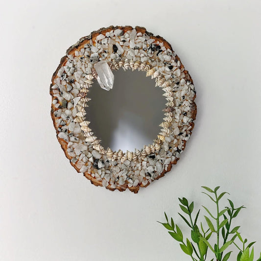 Round Rainbow Moonstone & Shell Mirror