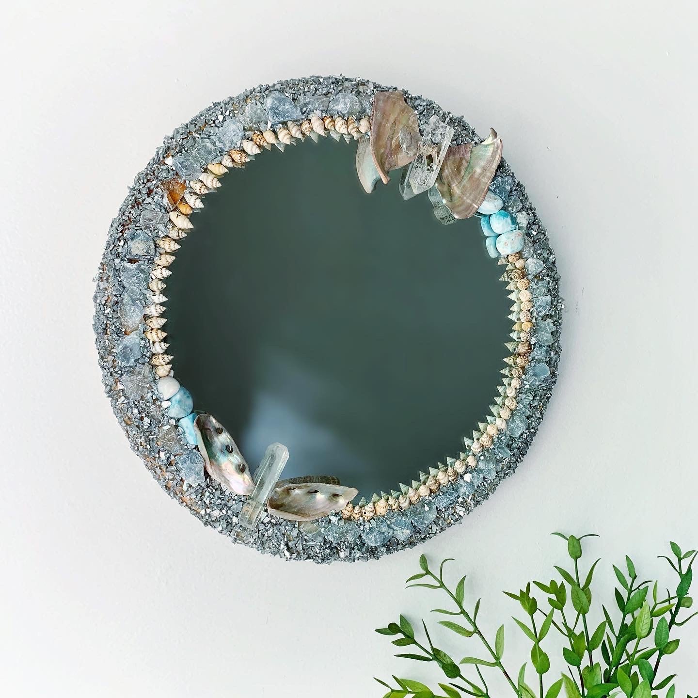 Round Celestite, Larimar, Abalone and Shell Mirror
