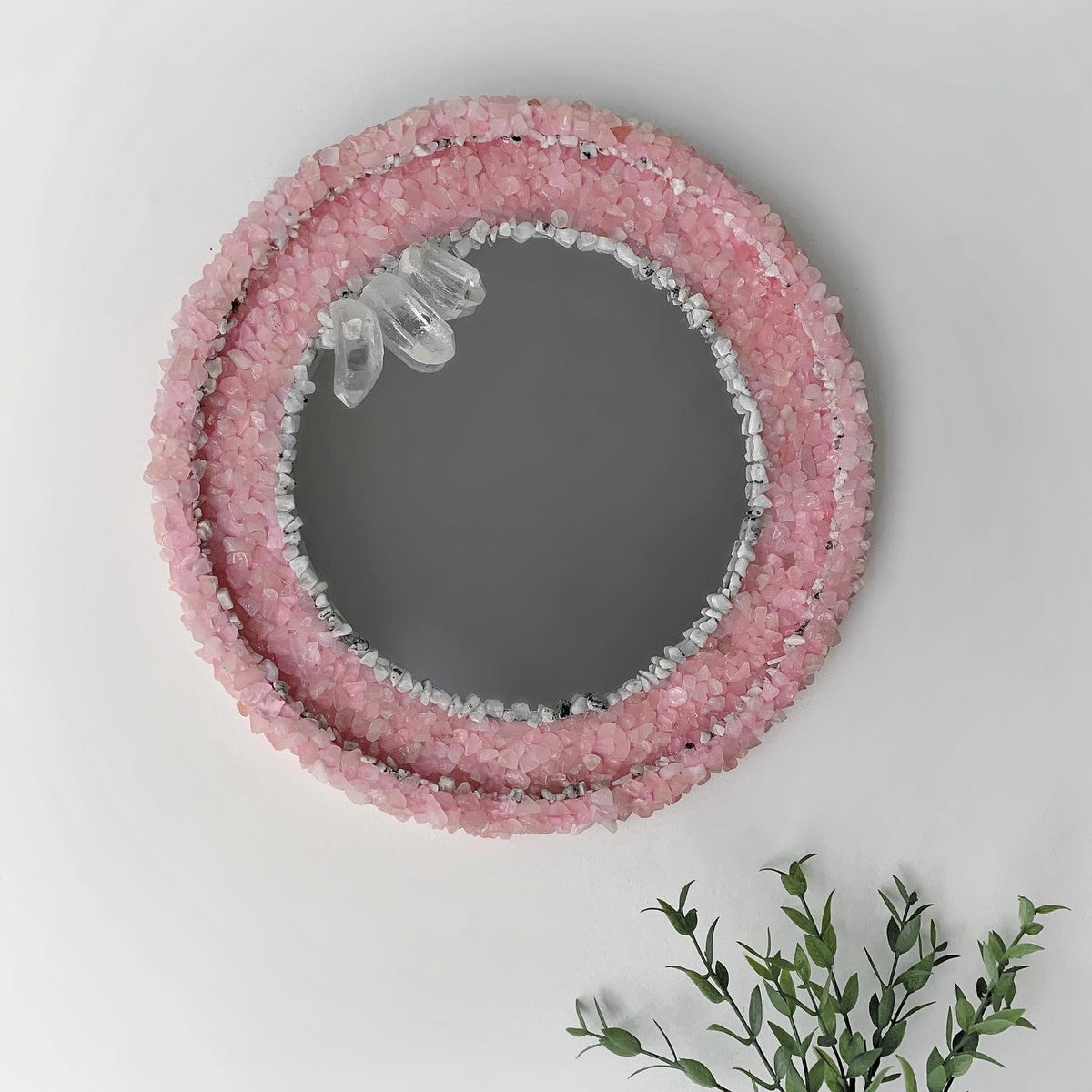 Round Rose Quartz & Moonstone Mirror (LOCAL PICK UP ONLY)
