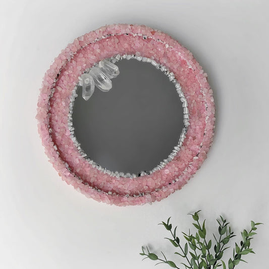 Round Rose Quartz & Moonstone Mirror (LOCAL PICK UP ONLY)