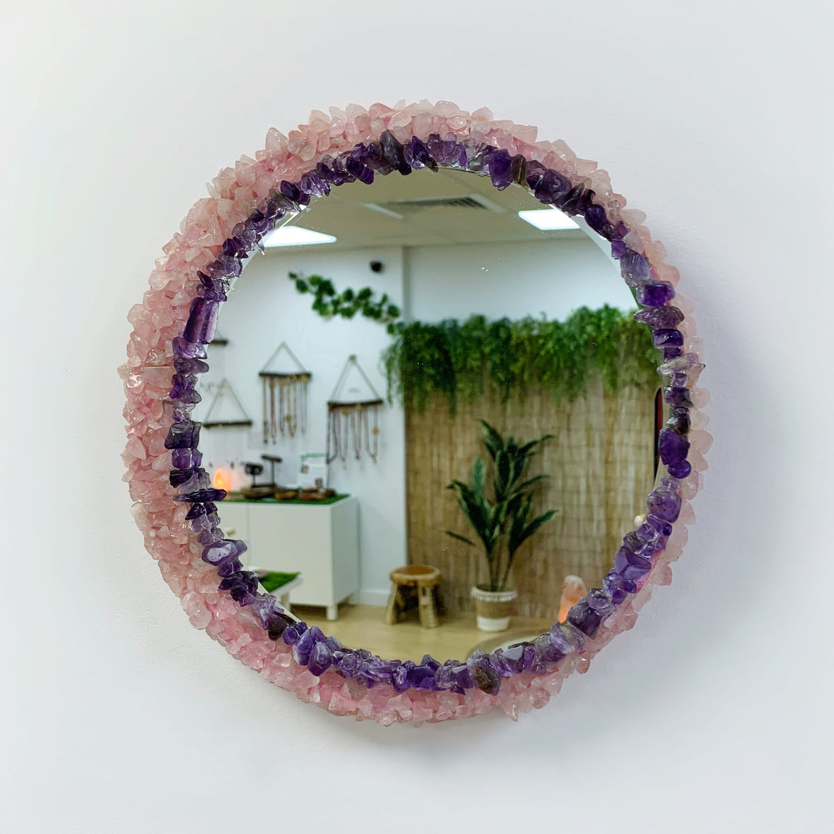 Round Amethyst and Rose Quartz Mirror