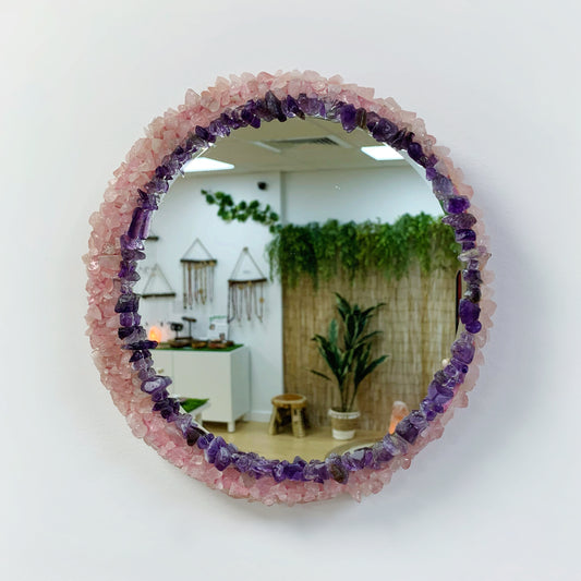Round Amethyst and Rose Quartz Mirror