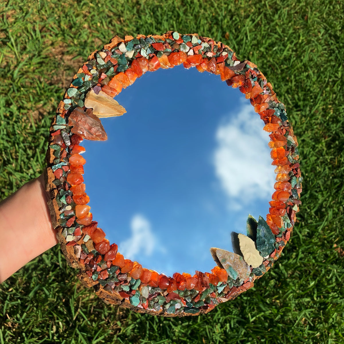 Round Dinosaur Mirror - Fancy Jasper, Carnelian & Jasper Arrowhead