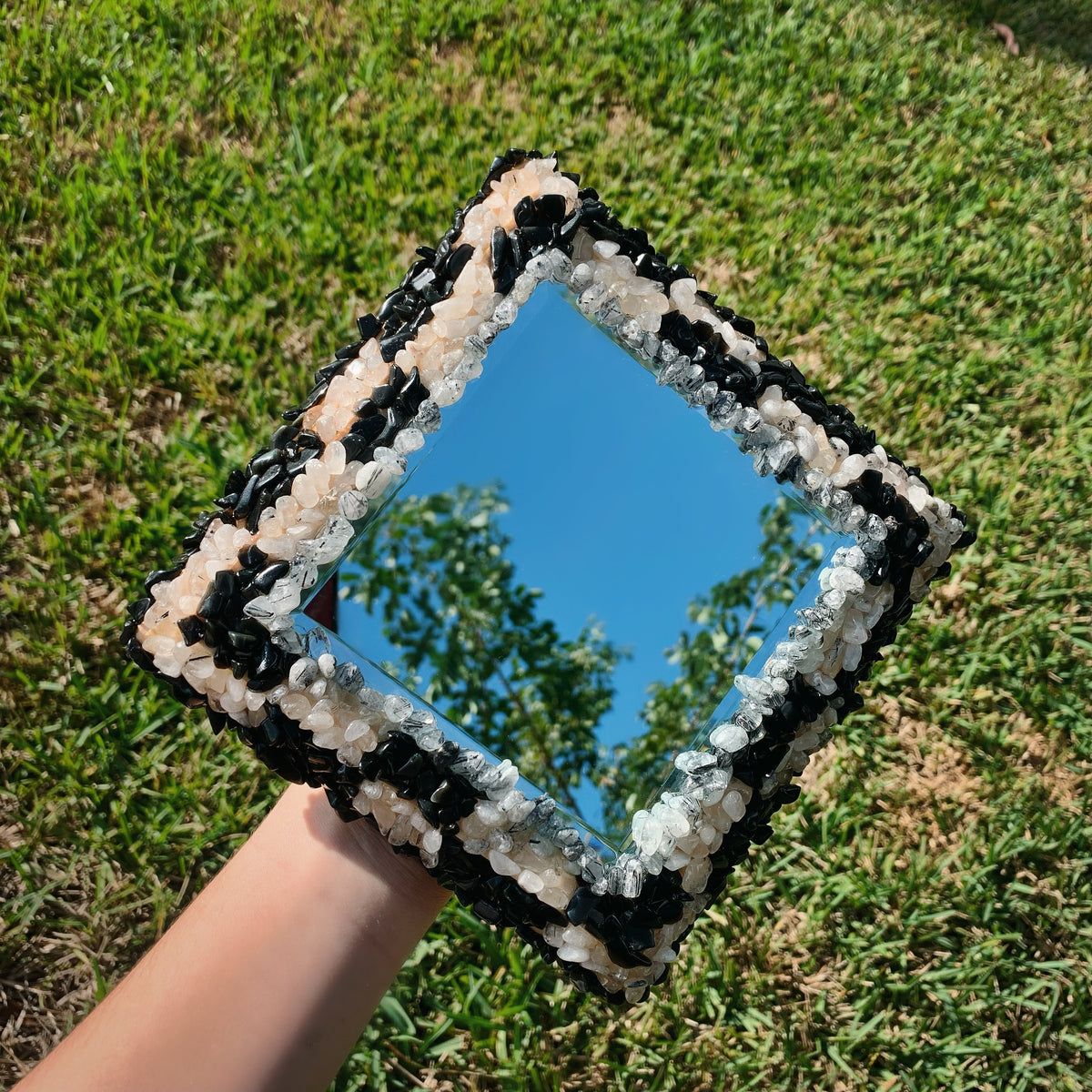 Rhombus Yin Yang Mirror - Obsidian & Tourmaline Quartz