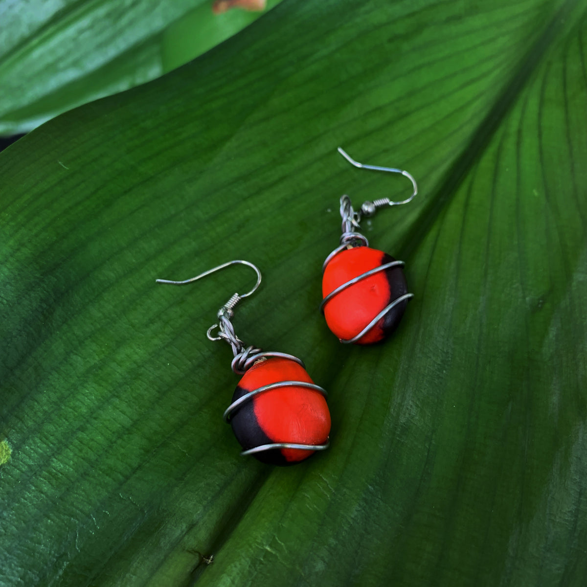 Wrapped Huayruro Earrings - Stainless Steel