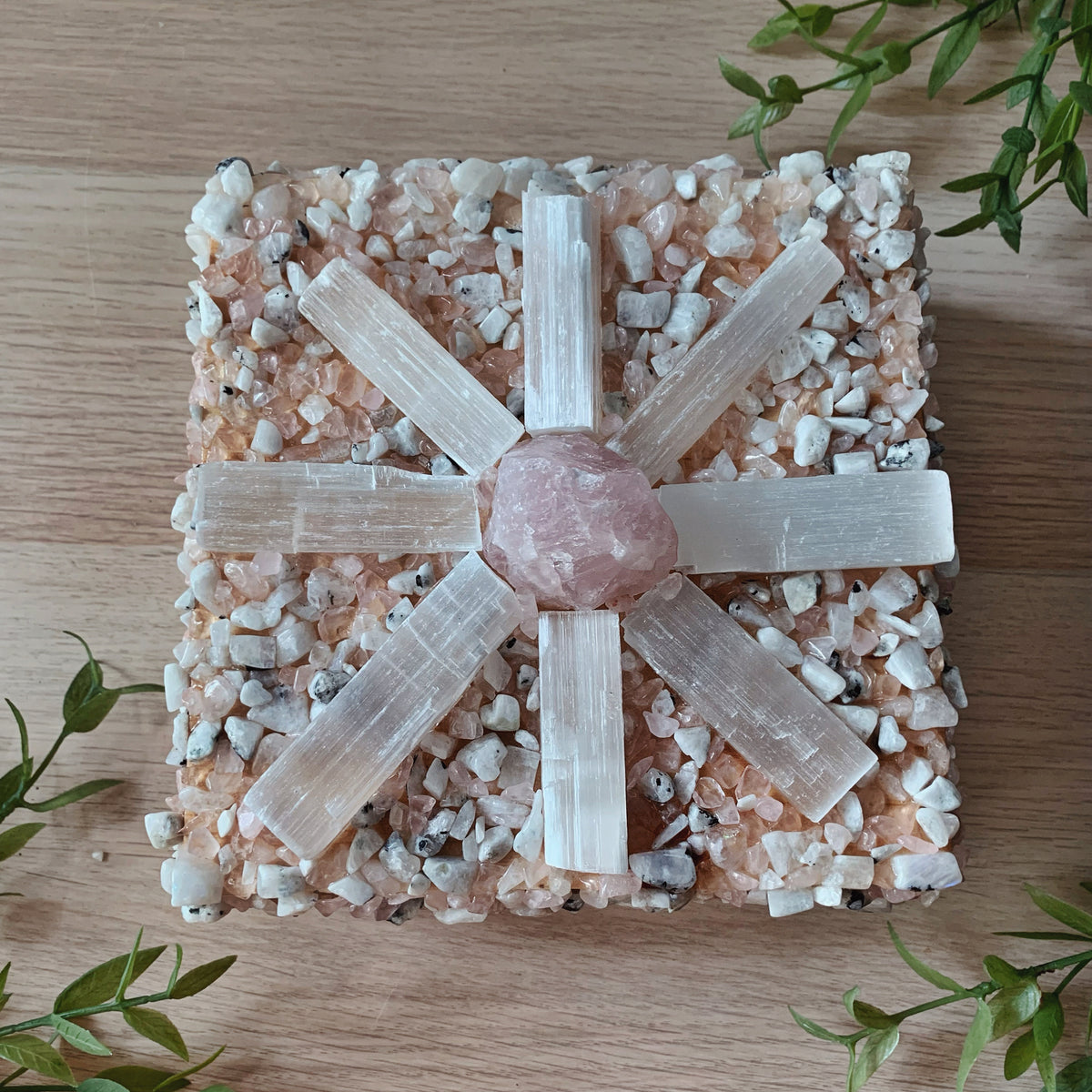 Selenite, Rose Quartz & Moonstone Square Box