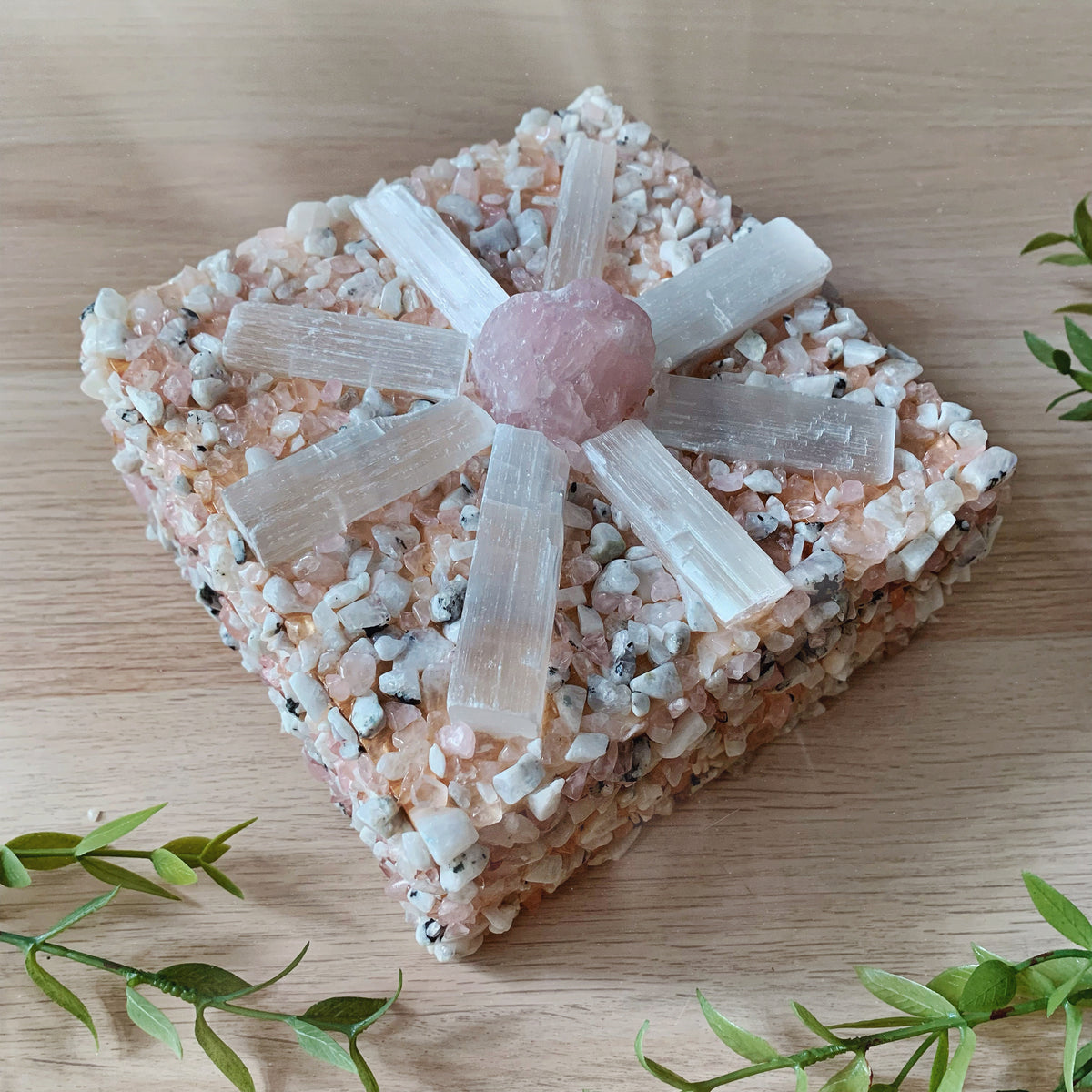 Selenite, Rose Quartz & Moonstone Square Box