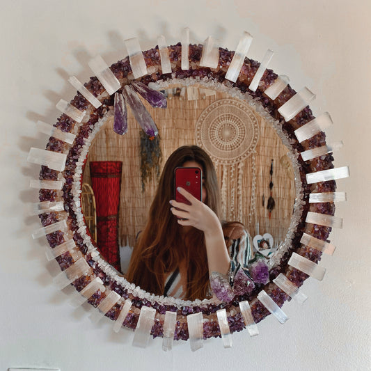 Healing Mirror - Selenite, Amethyst & Rose Quartz (In person shopping only)