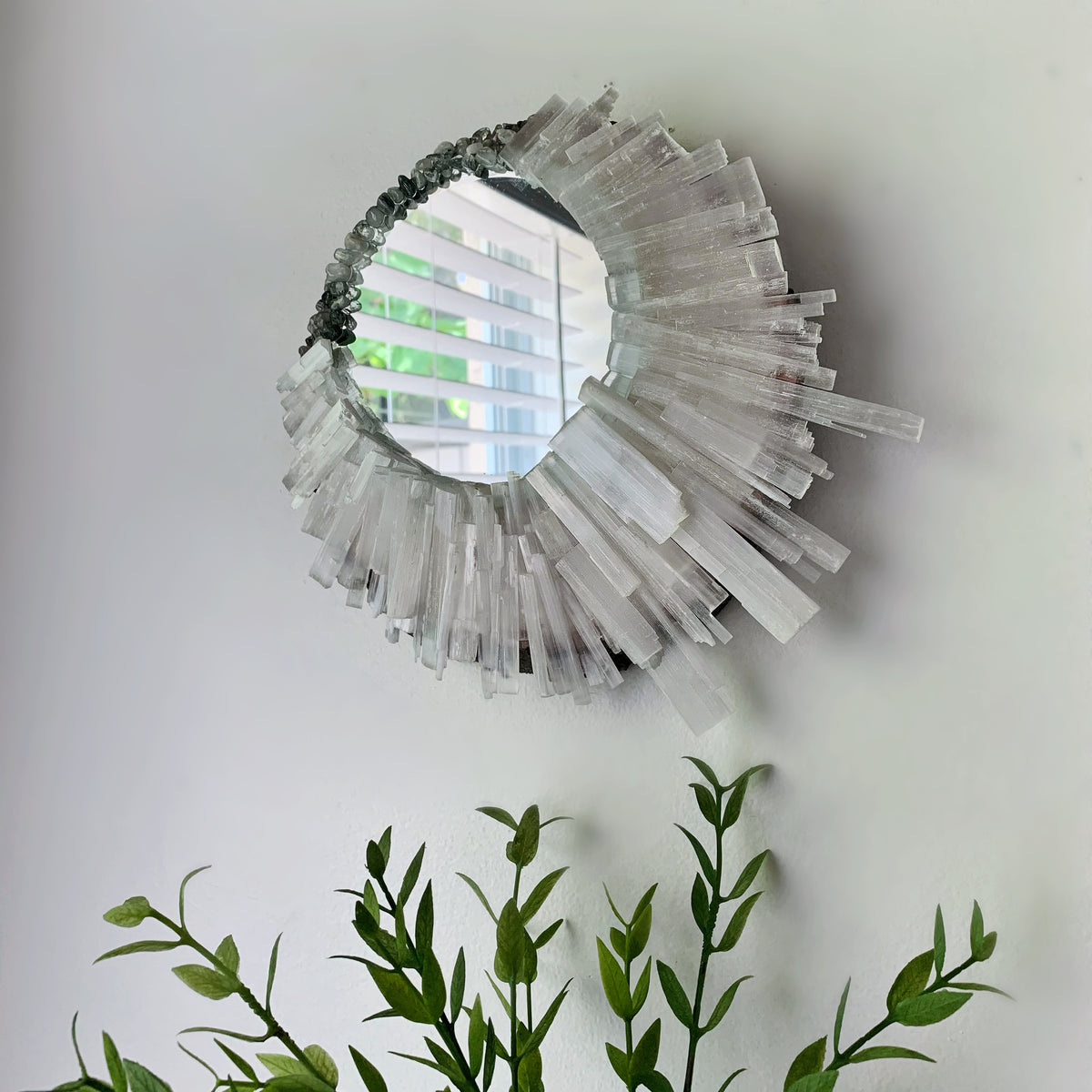 Round Selenite & Tourmaline Quartz Mirror