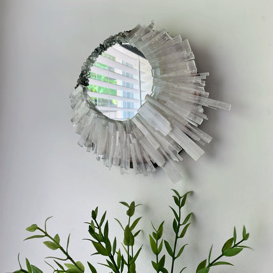 Round Selenite & Tourmaline Quartz Mirror