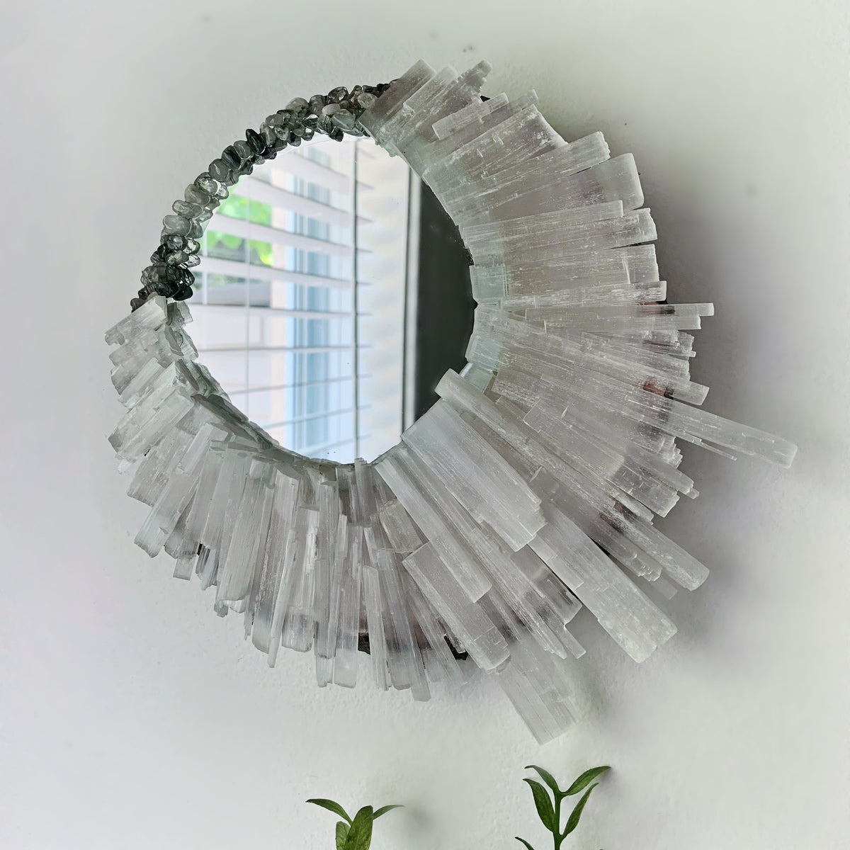 Round Selenite & Tourmaline Quartz Mirror