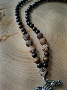 Wood, Tibetan Stones and Dragon Necklace
