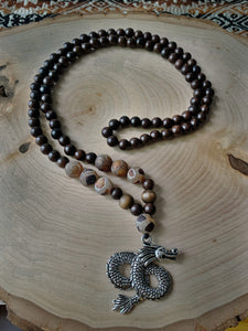 Wood, Tibetan Stones and Dragon Necklace