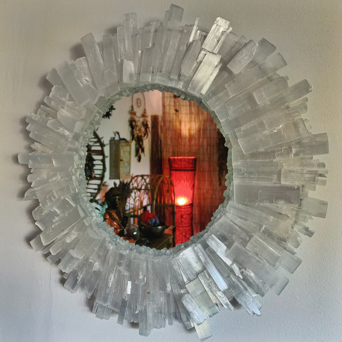 Round Selenite, Quartz & Moonstone Mirror (In person shopping only)