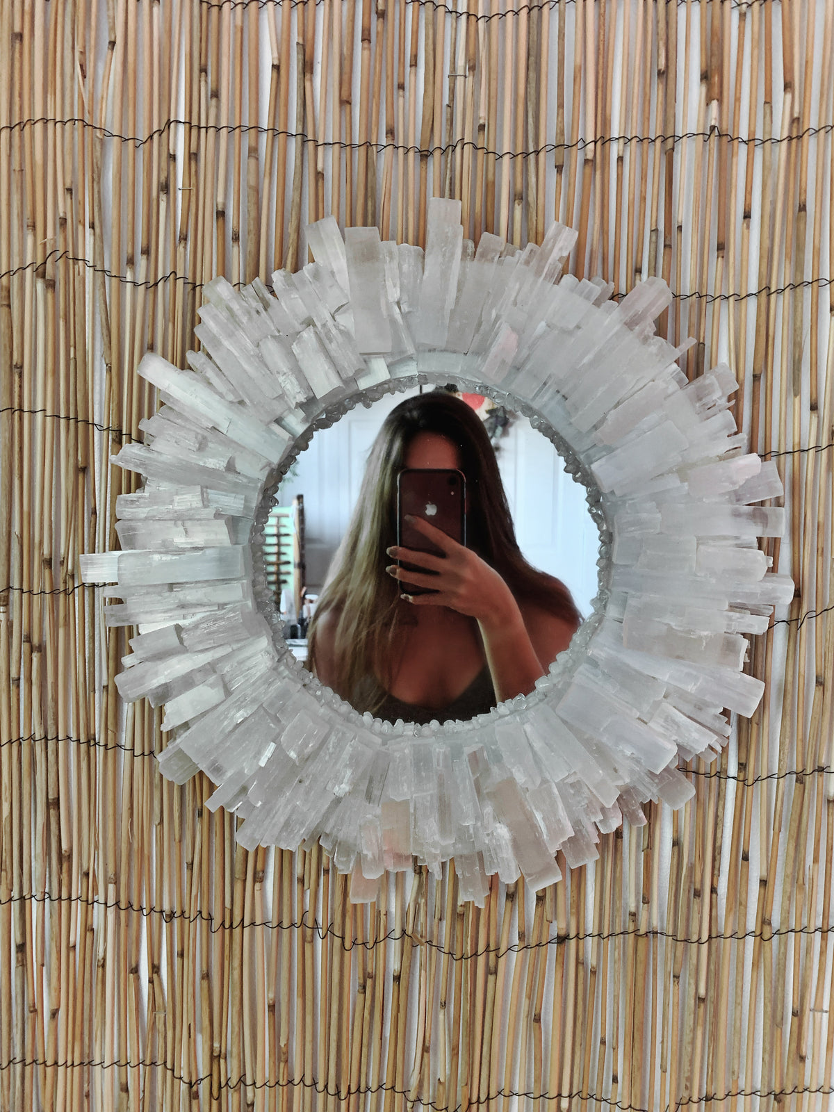 Round Selenite, Quartz & Moonstone Mirror (In person shopping only)