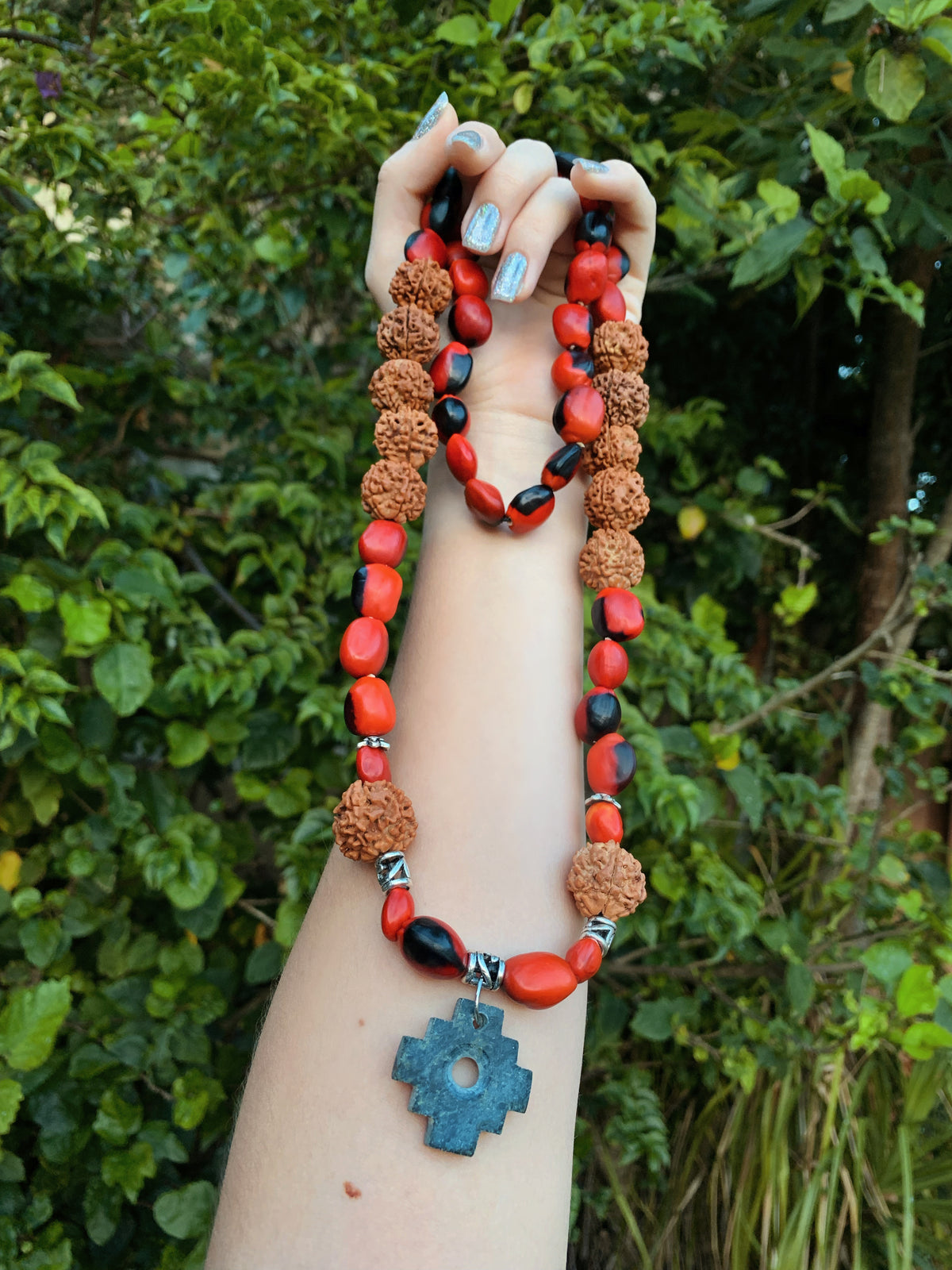 Large Peruvian Huayruro Seeds, Inca Chakana & Indian Rudraksha Seeds Necklace
