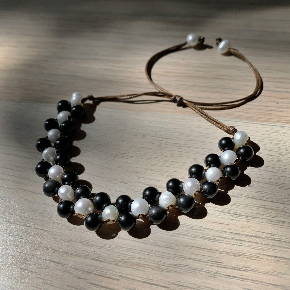 Obsidian & Freshwater Pearl Anklet - Adjustable Cord