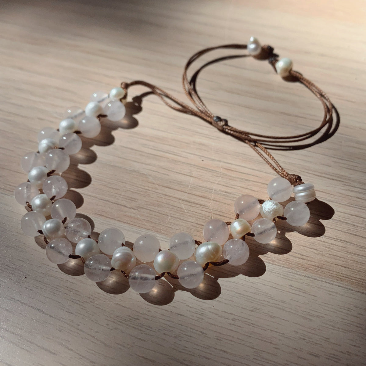 Rose Quartz & Freshwater Pearl Anklet - Adjustable Cord