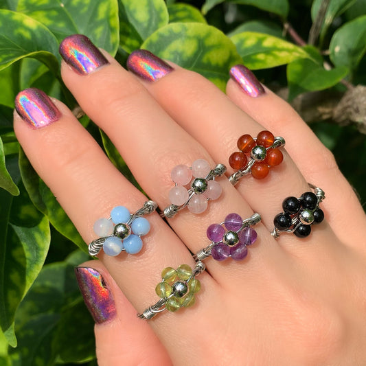 Crystal Flower Rings By Size - Stainless Steel