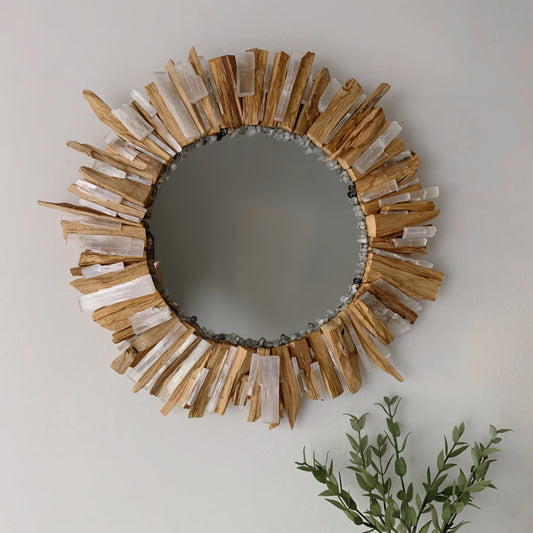 Round Palo Santo, Selenite, Sunstone & Tourmaline Quartz Mirror (LOCAL PICK UP ONLY)
