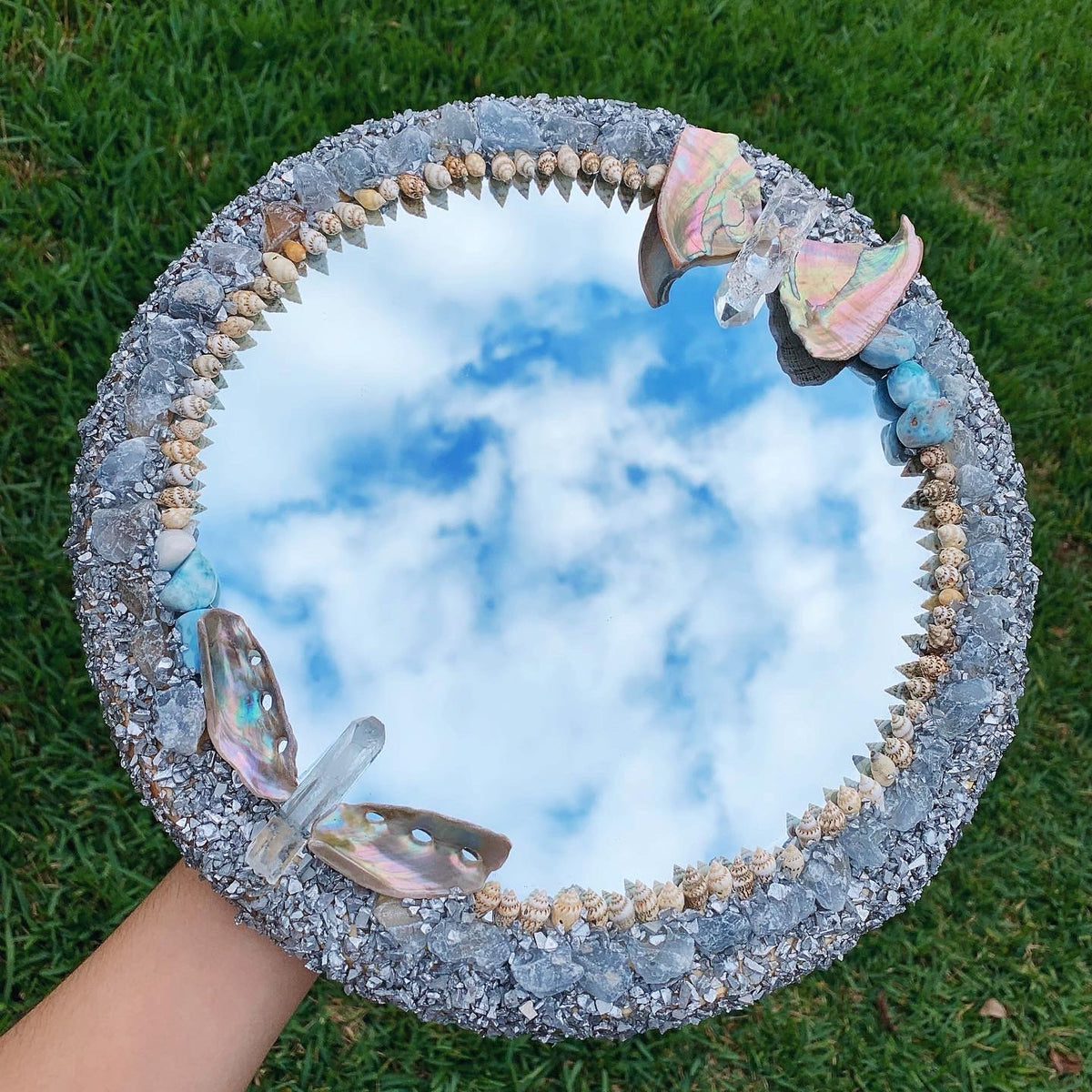 Round Celestite, Larimar, Abalone and Shell Mirror