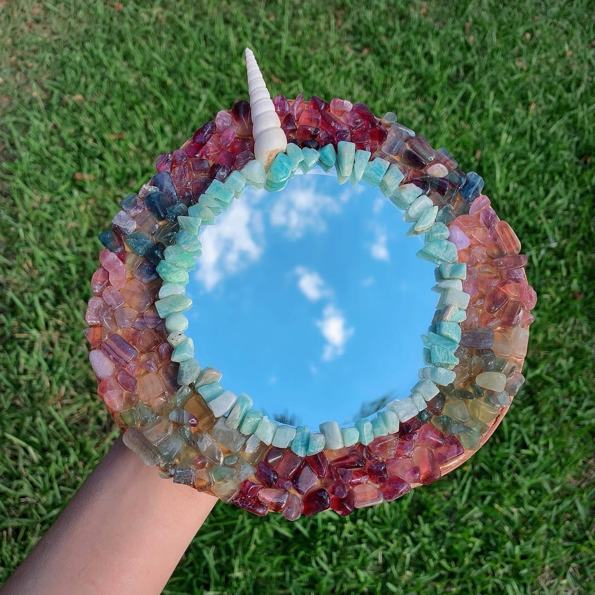 Round Rainbow Fluorite Unicorn Mirror
