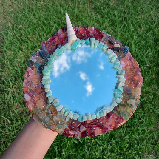 Round Rainbow Fluorite Unicorn Mirror