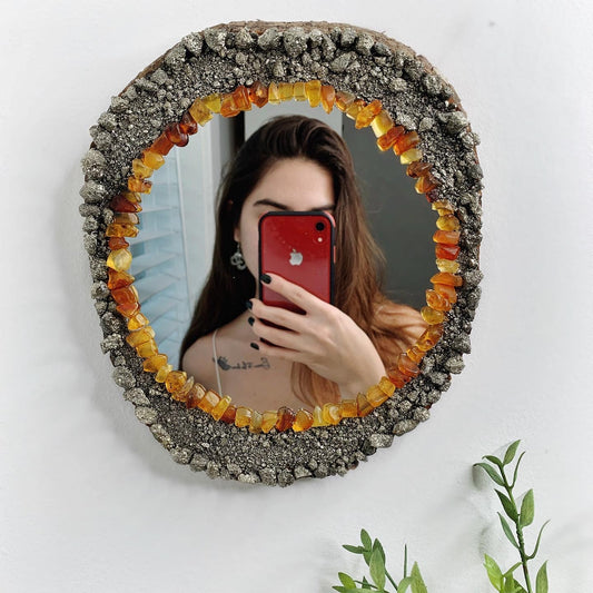 Round Pyrite & Amber Mirror