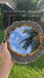 Load and play video in Gallery viewer, Round Pyrite &amp; Amber Mirror
